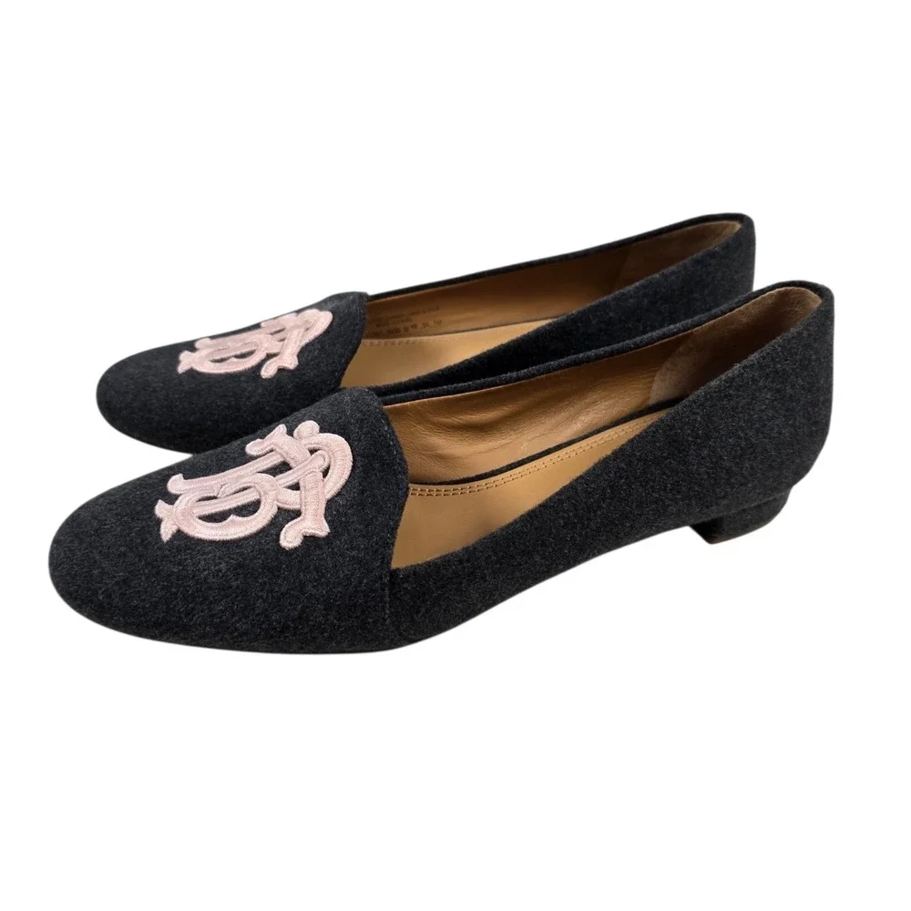 Tory Burch ANTONIA Grey Wool Flannel & Leather Loafers Monogram Pink Logo Sz 7M